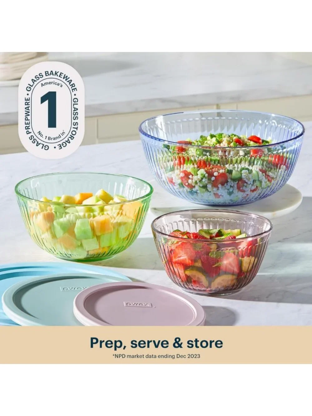 Colorful Sculpted Tinted Glass Mixing Bowls Set with Lids - 3-Pack Kitchen